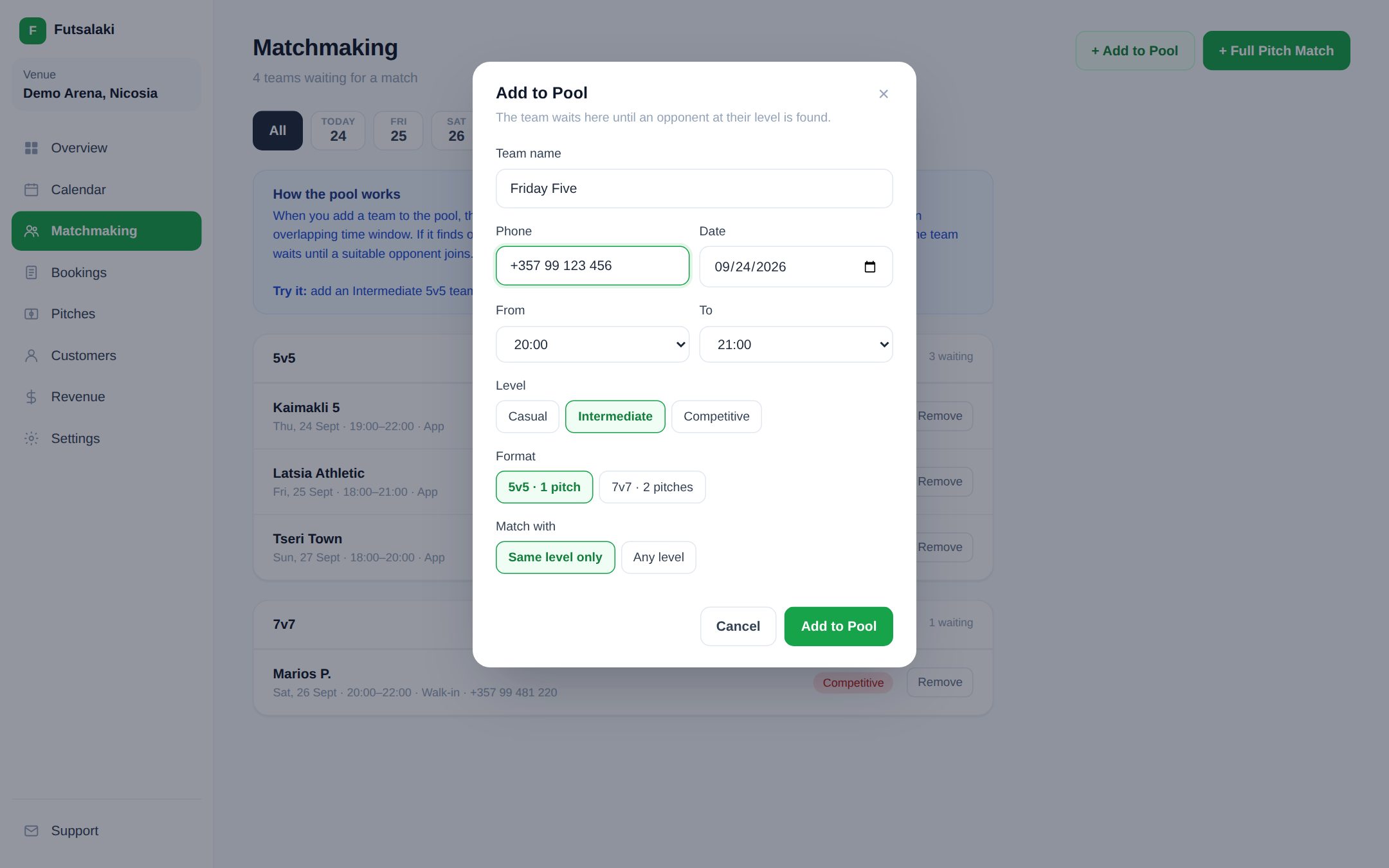Adding a walk-in team to the pool with date, time window, level and format