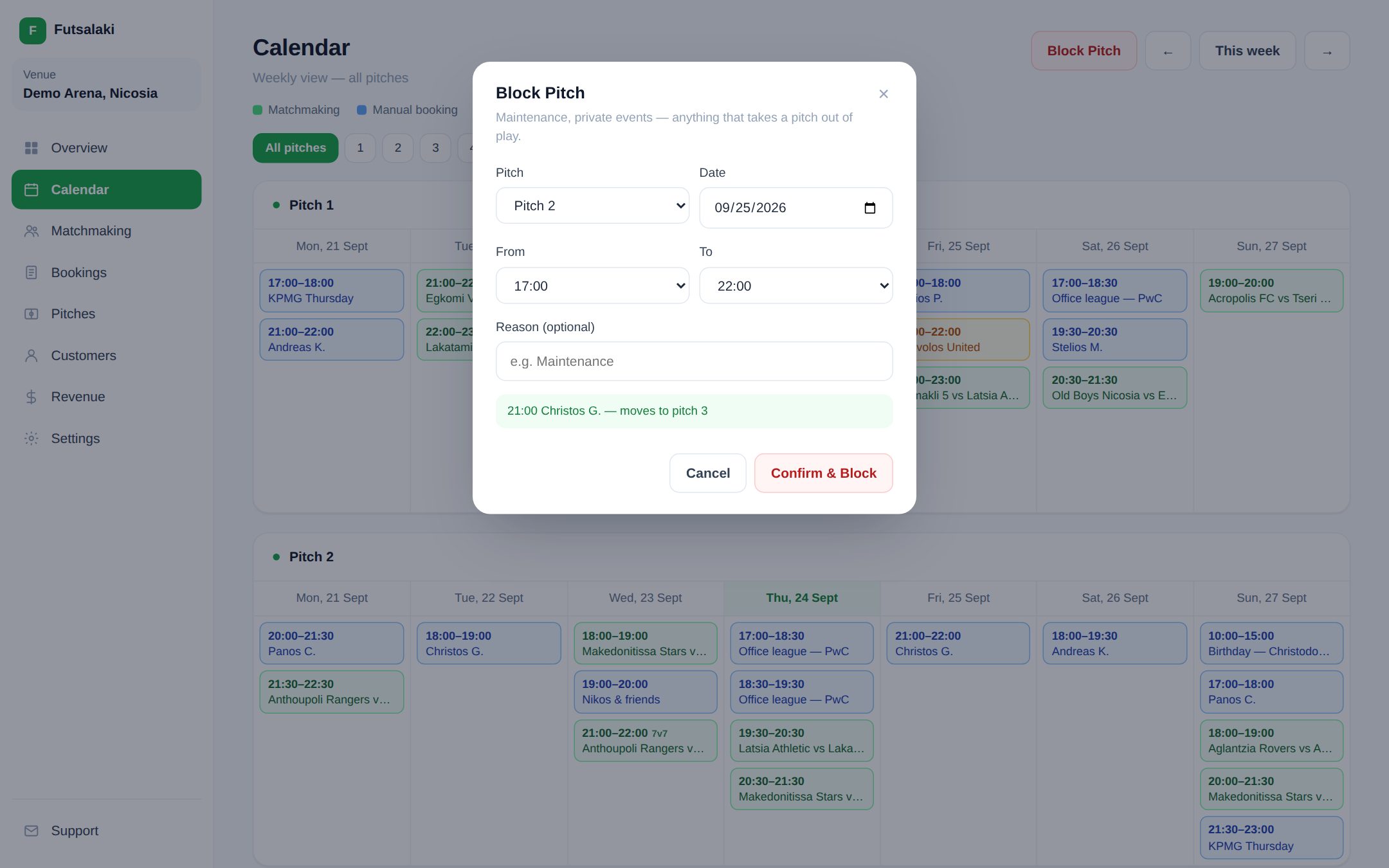 Blocking a pitch: the system lists every booking that clashes and what will happen to it