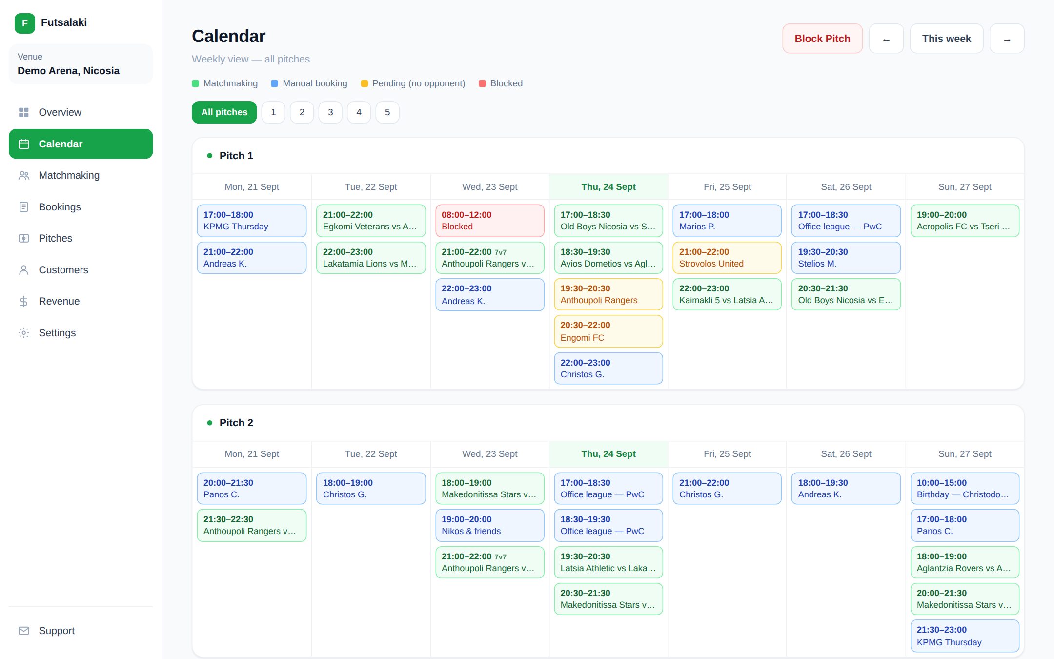 Futsalaki venue dashboard with the weekly pitch calendar