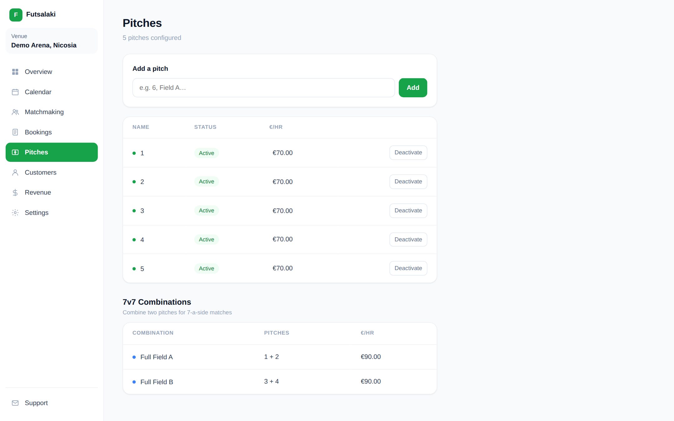 Pitches with hourly prices and 7v7 combinations
