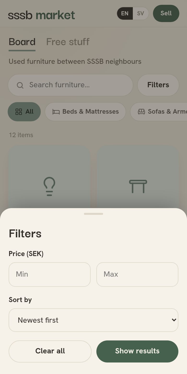 Filter sheet with price range and sorting